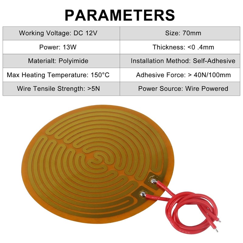 XIITIA 15pcs 70mmx70mm Film Heater Plate Adhesive Pad, PI Heating Elements Film 12V 13W Strip Heater Adhesive Polyimide Heater Plate (12V 13W 70mmx70mm) - Image 3